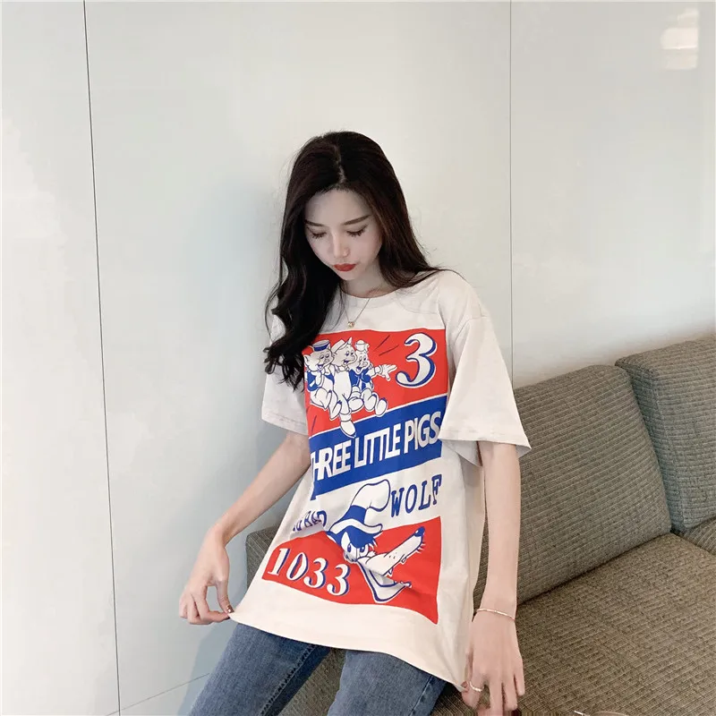 Harajuku Ulzzang Oversize tshirt мультфильм печати короткий рукав футболки корейский стиль Для женщин Свободные Летние Футболка женская Повседневное Топы