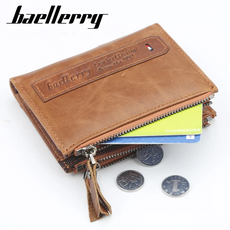 

Baellerry Genuine Leather Wallet Men Double Zipper Designer Mele Purse Card Holder Coin Pocket Man Wallets Short Carteira Hot