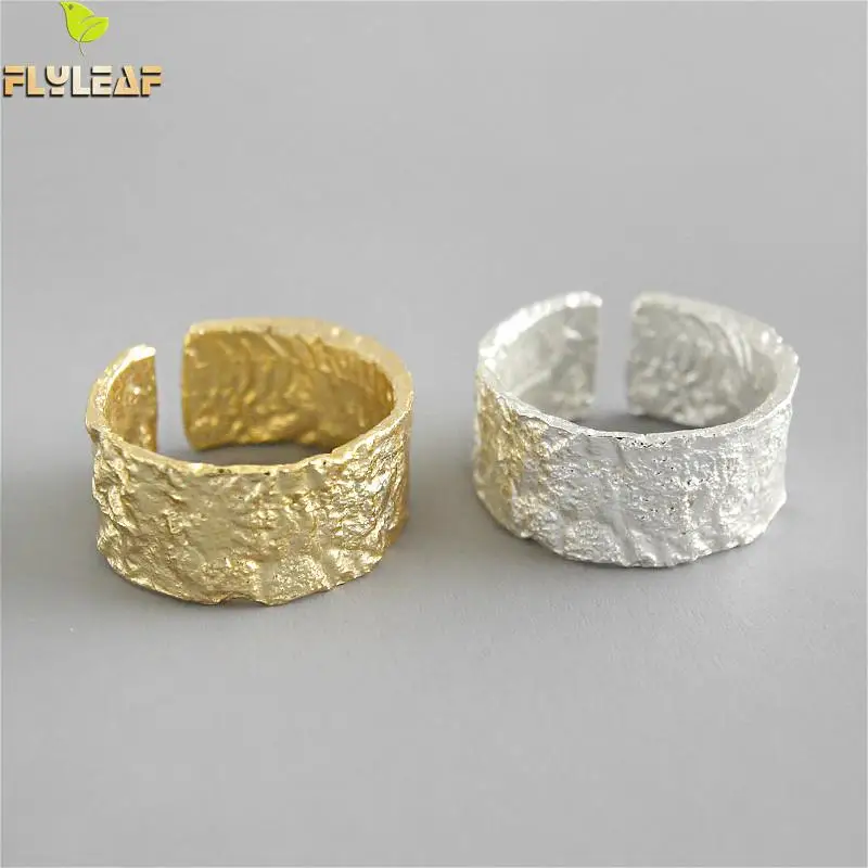 

Flyleaf 925 Sterling Silver Rings For Women Irregular Tin Foil Paper Pattern Wide Fashion Fine Jewelry Simple Open Ring Gold