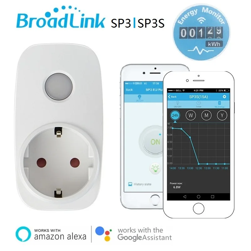 Штепсельная Вилка Broadlink SP3 SP3S с таймером, энергетический монитор, розетка европейского стандарта, управление через приложение для автоматизации умного дома, работа с Alexa Echo Google Home