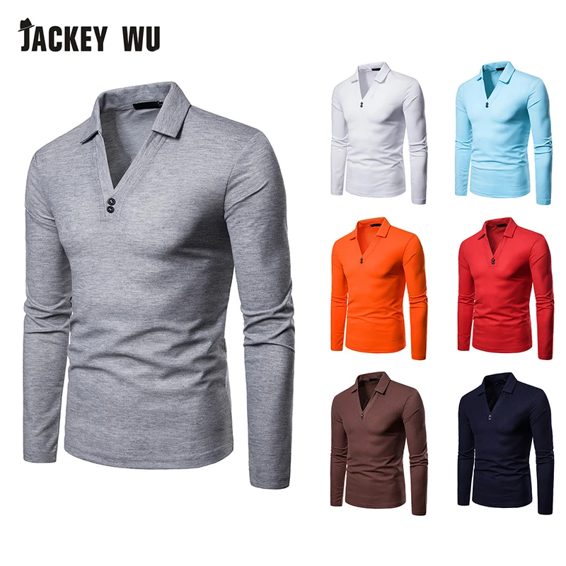 JACKEYWU Мужская рубашка поло 2019 Мода v образный вырез с длинным рукавом футболки