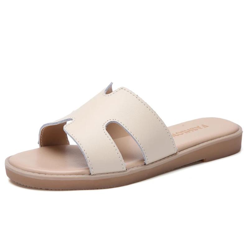 beige JJ.322 O16U Для женщин летние босоножки на каблуках Шлепанцы из натуральной кожи сандалии дамские уличные флоп зеркально Для женщин скольжения на Шлёпанцы обувь на Плоском Каблуке - Цвет: beige JJ.322