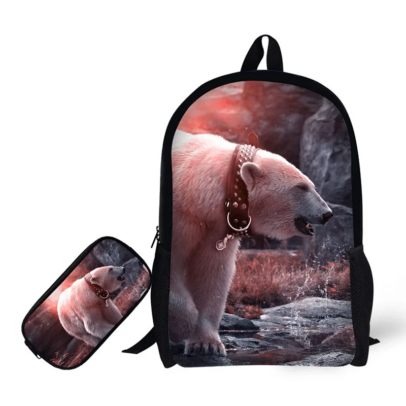 Школьные ранцы с принтом белого медведя 2 шт./компл. рюкзак чехлом карандашом для