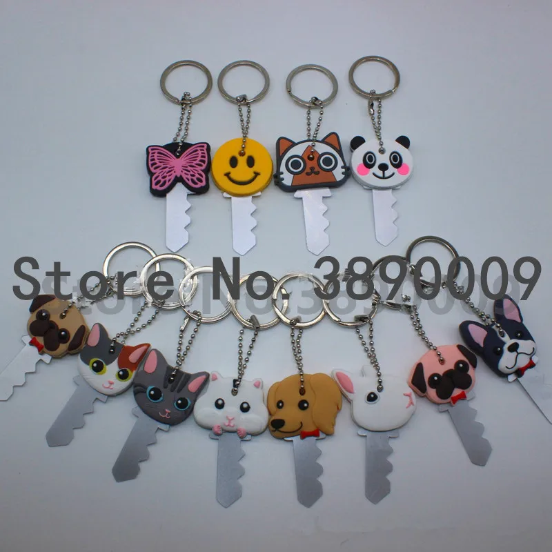 

1000 PCS New Cartoon anime key cover silicone key chain cat dog rabbit butterfly smile face panda key ring animal pet key cover