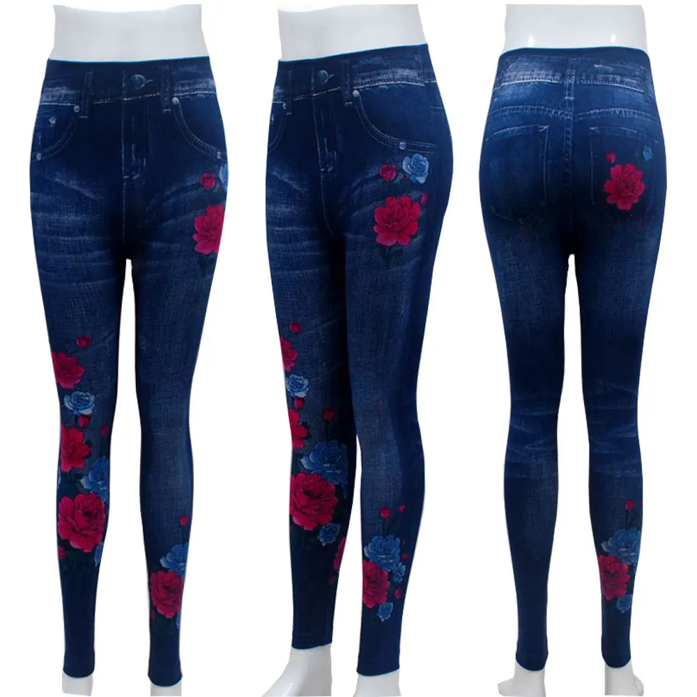 chrysanthemum Fashion Slim Women Leggings Faux Denim Jeans Leggings Sexy Hole Heart Printing Casual Women Clothing Pencil Pants Plus size - Цвет: chrysanthemum