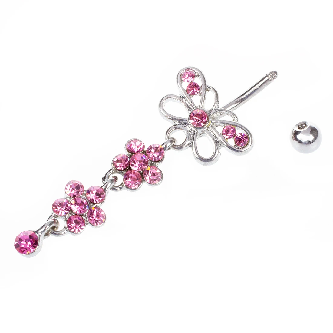 Pink Crystal Flower Dangle Navel Belly Ring Bar Piercing Jewelry |