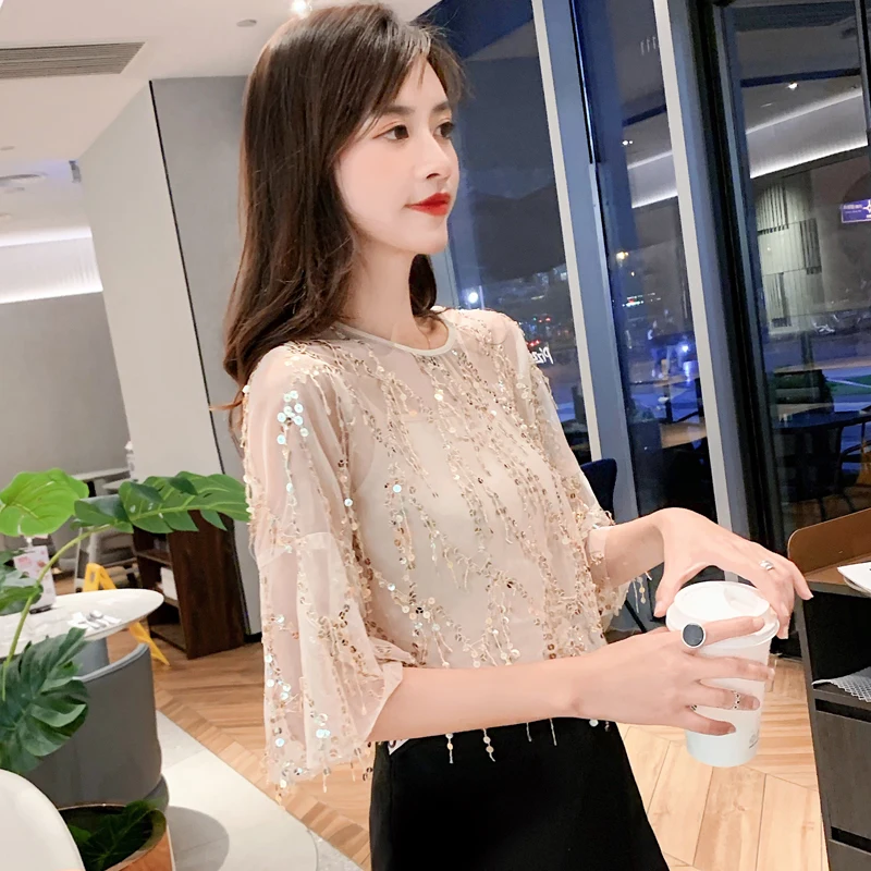 Blusas женская рубашка Сексуальная кружевная с пайетками летнее платье юбкой годе
