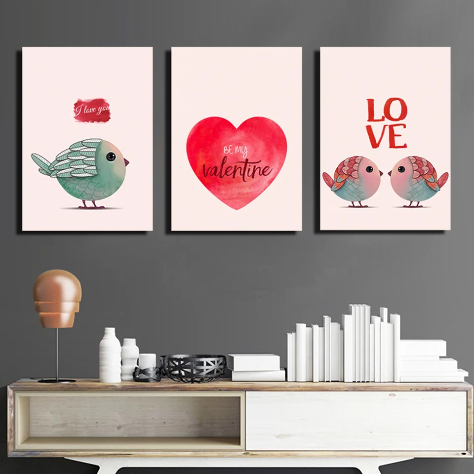 

Living Room Wall Art Pictures HD Printed 3 Pieces Love Cartoon Birds Modern Painting On Canvas Home Decoration Posters Frame
