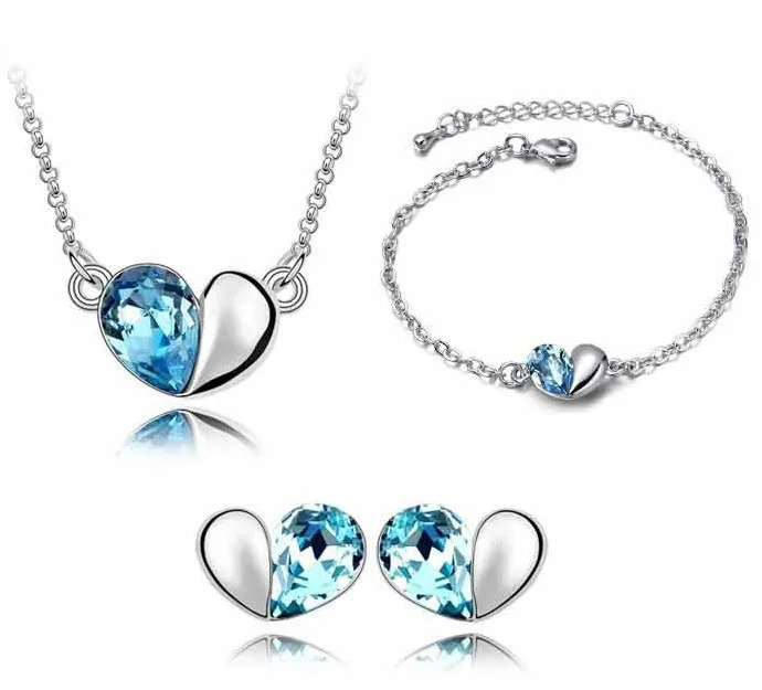 Wholesale OL Style 18KT white gold Austrian crystals fashion Pendant heart Earrings + necklace bracelet Jewelry set | Украшения и
