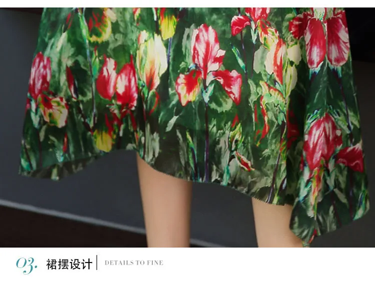 

Green Floral Dress Women Three Quarter Sleeve High Quality Spring Summer Faux Silk Dresses Vintage Midi Long Vestidos M-3XL