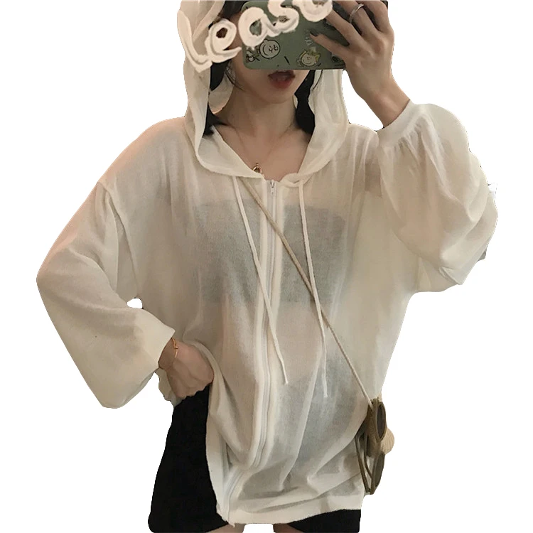 Sun protection womens clothin tide 2019 summer perspective vintage Korean loose hooded Sweaters cardigan hipster coat ladies top |