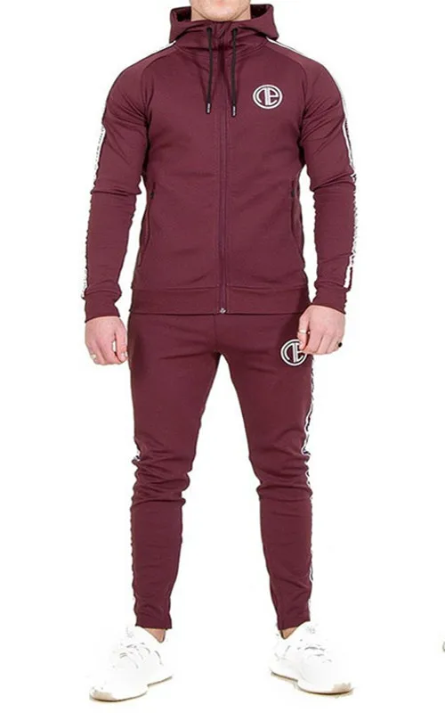 Red wine EEHCM, модная спортивная одежда, спортивные костюмы, наборы, хлопковая куртка на молнии, мужская толстовка с капюшоном+ штаны, спортивный костюм, мужской комплект, спортивная куртка с капюшоном - Цвет: Red wine