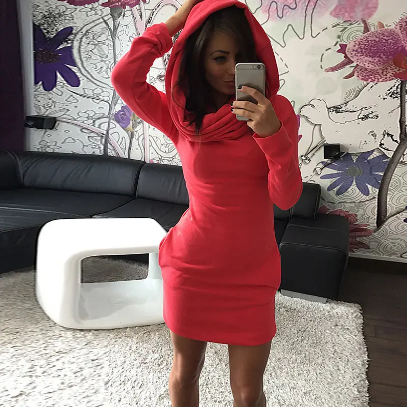 Осенне зимнее женское сексуальное платье с шапкой однотонное длинным рукавом