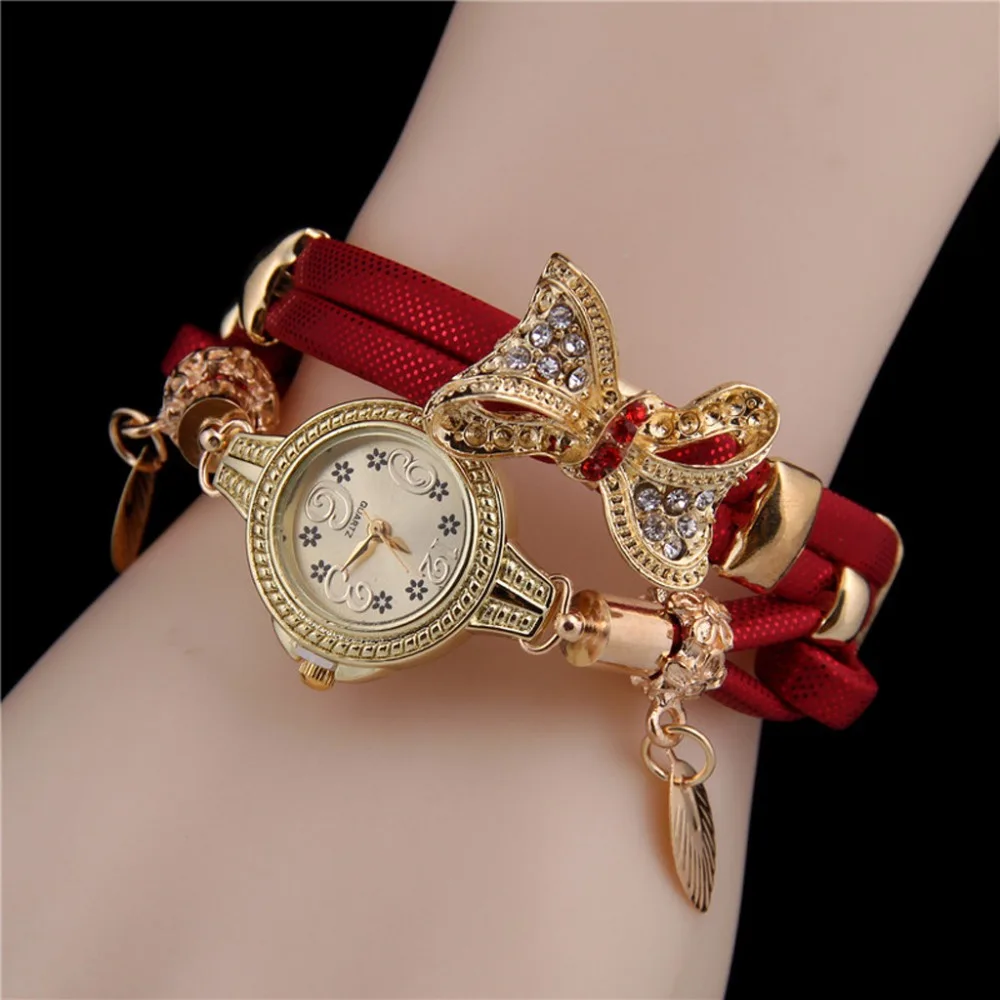 

Featured Women's Watches Dial Ladies Quartz Wristwatch Retro butterfly Rhinestone Leather Strap Clock Casual Reloj Mujer @50
