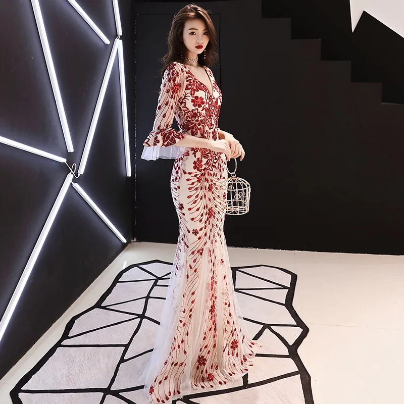 Красное Ципао с коротким рукавом и острым вырезом платье блестками русалочкой