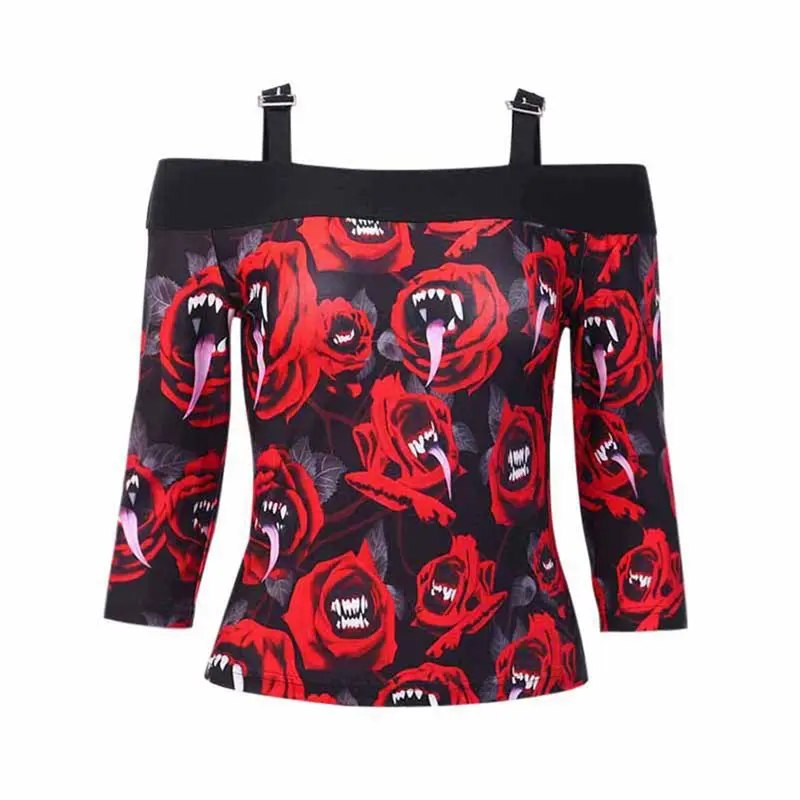 Off Shoulder T Shirt Women Gothic Devil Printed Red Sexy Crop Top Streetwear Tee Shirts Backless Hipster Girl Goth Summer Tshirt | Женская