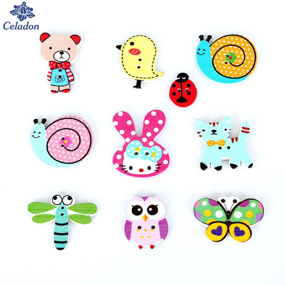 Деревянные пуговицы для шитья с милыми мультяшными животными 2 отверстия 100 шт.