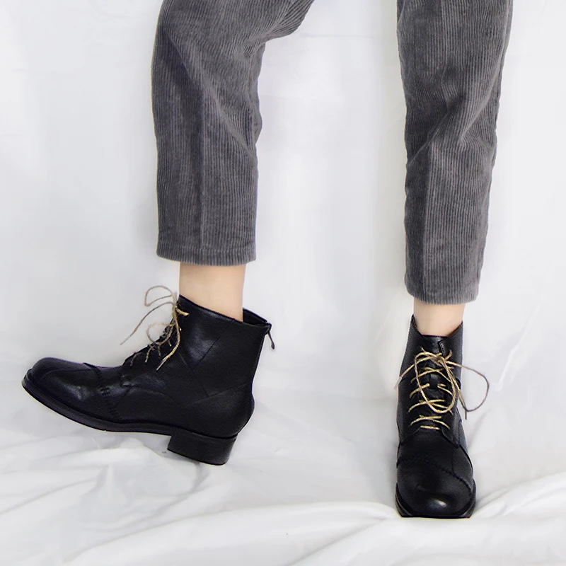 

ISNOM Motorcycle Ankle Boots Women Cow Leather Booties Woman Army Shoes Female Low Heels Thick Shoes Ladies Autumn 2019 New