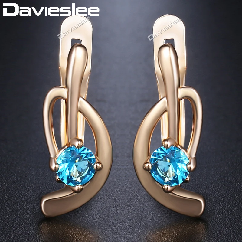Женские серьги пусеты Davieslee круглые с синим фианитом розовое золото 585 пробы