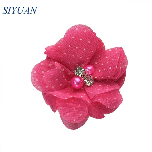 hot pink dot 10 шт./лот, 2 дюйма, балерина, в горошек, в полоску, шифон, цветок, с жемчугом, стразы, центр, Шикарные аксессуары для волос, Наборы для творчества TH279 - Цвет: hot pink dot