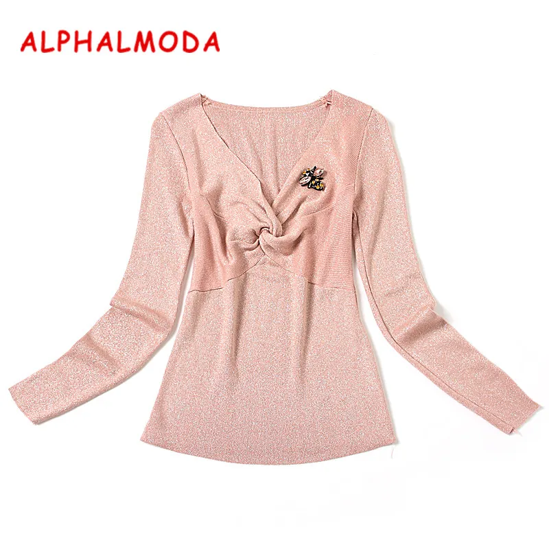Женский вязаный джемпер ALPHALMODA со сверкающими кристаллами с V-образным вырезом на