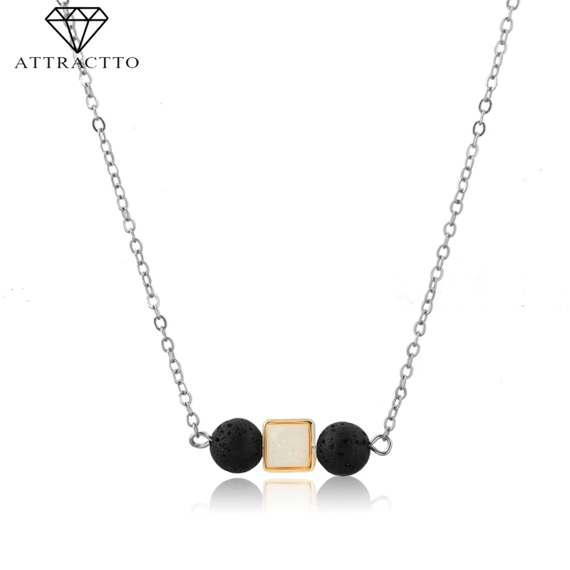 

ATTRACTTO 2019 Long Statement Necklace Pendants Charms For Women Stainless Steel Necklaces Silver Square Necklace SNE190017