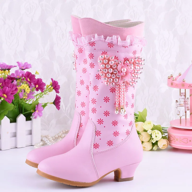 Высокие сапоги принцессы для девочек; жемчуг в форме сердца; Bottes Hiver Fille Raquel; зимняя обувь; детская кожаная обувь на высоком каблуке; Botas; для детей 3-15 лет - Цвет: Pink