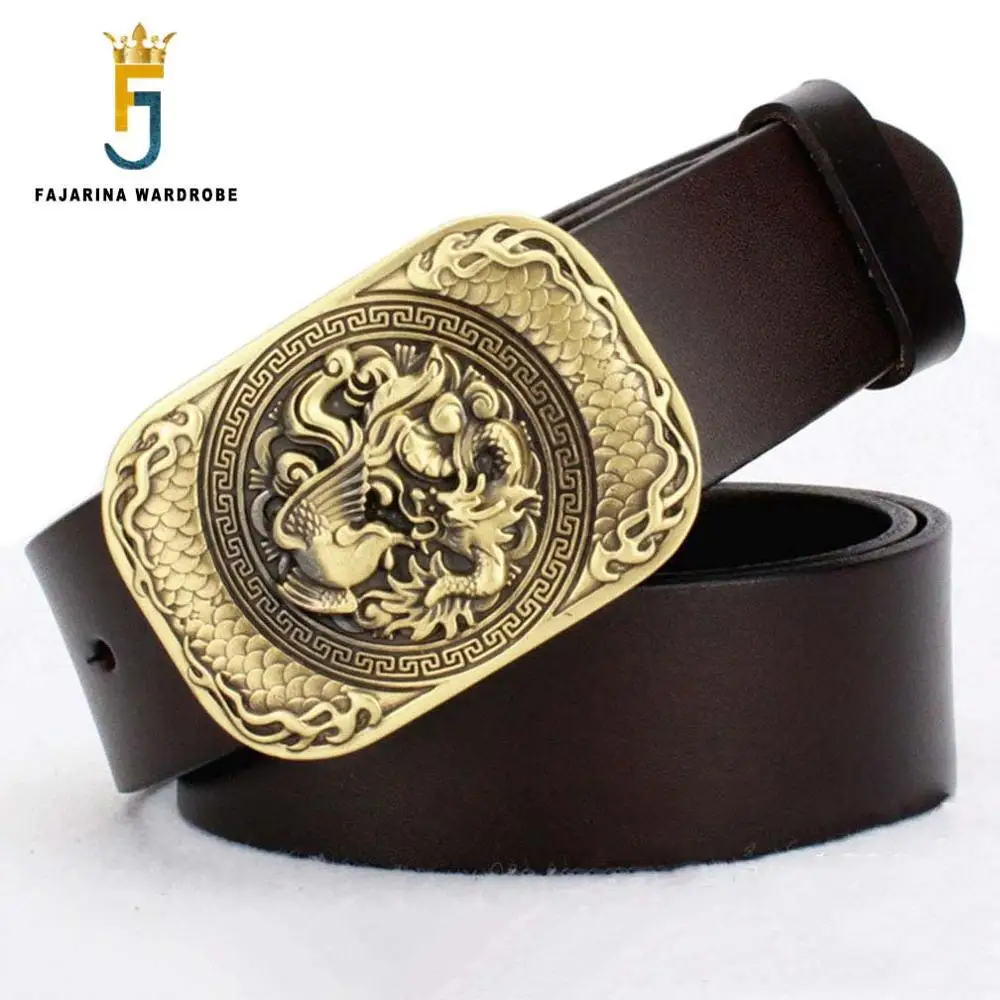 FAJARINA Top Quality Cowhide Genuine Leather Retro Ifeng Dragon Pattern Brass Slide Buckle Metal Belts for Men Jean Strap NW0134