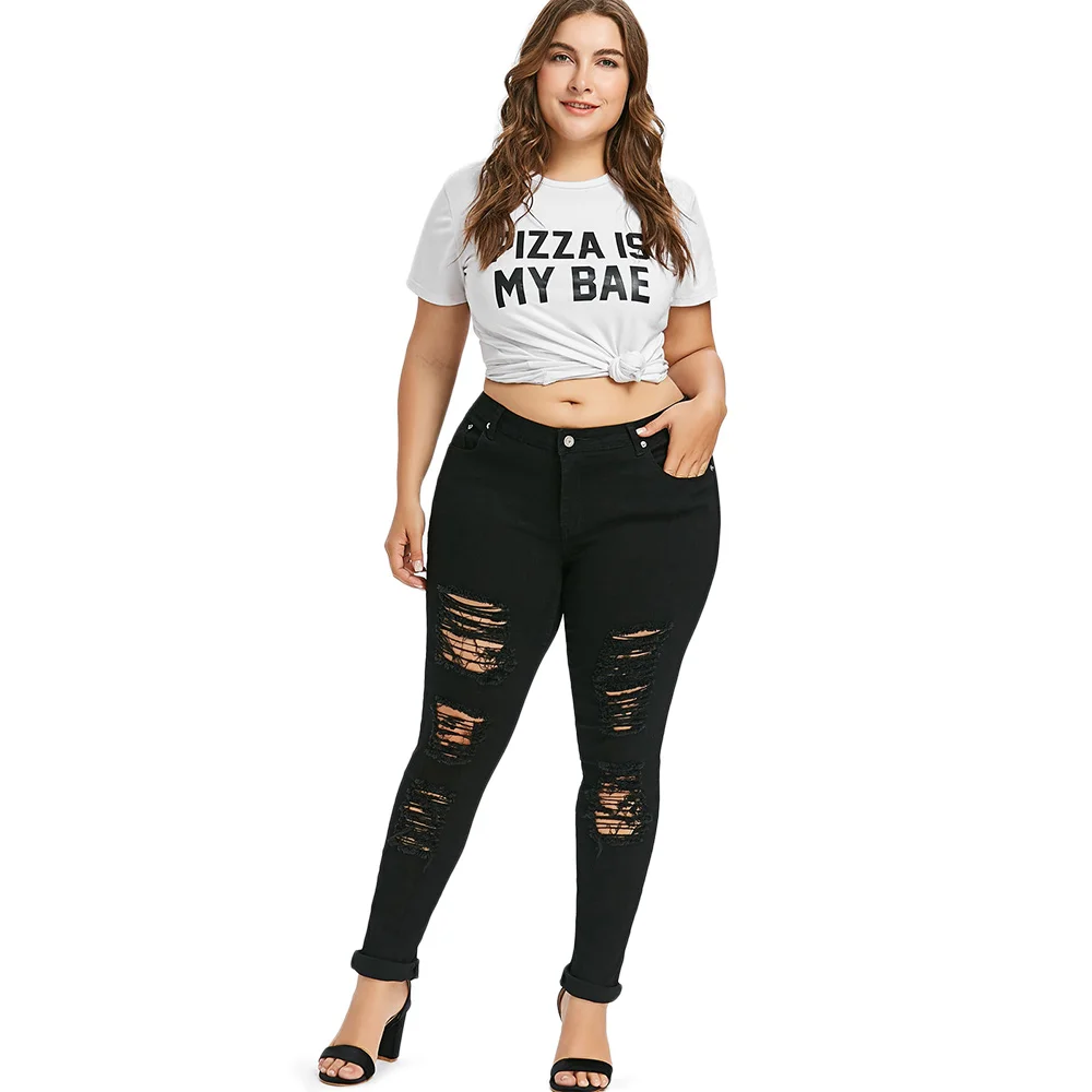 5XL размера плюс женские рваные джинсы с карманами потертые на молнии узкие