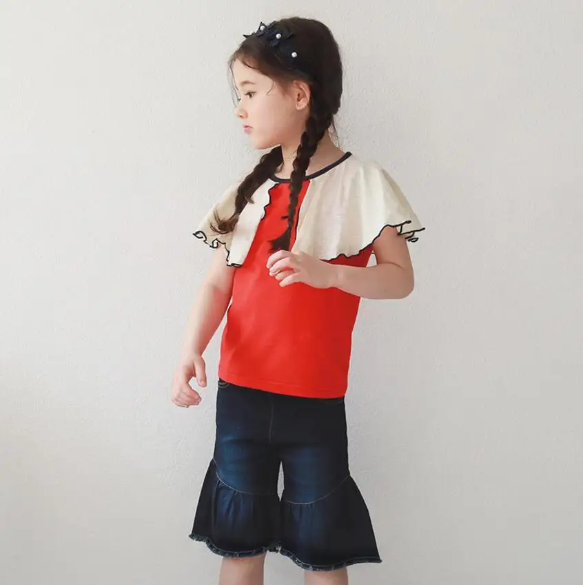 New Baby Girls Cotton Ruffles Collar Red T-shirt Princess Kids Fashion Top 5 pieces/lot Wholesale | Мать и ребенок