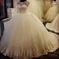 ball gown wedding dresses lace crew neckline long sleeve puffy tulle lace bridal dresses vestido de festa longo