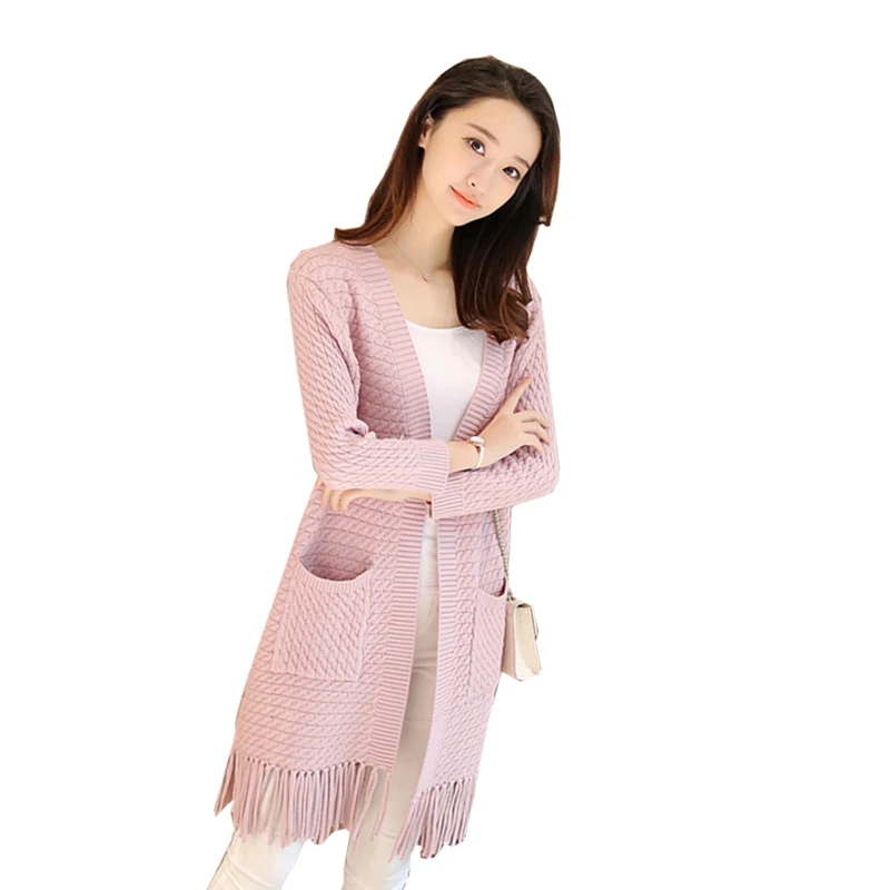 Женский вязаный длинный кардиган однотонный свободный свитер с V-образным