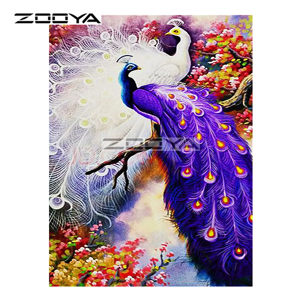 ZOOYA 5D DIY Алмаз два павлина белый фиолетовый веточки цветы алмазная картина