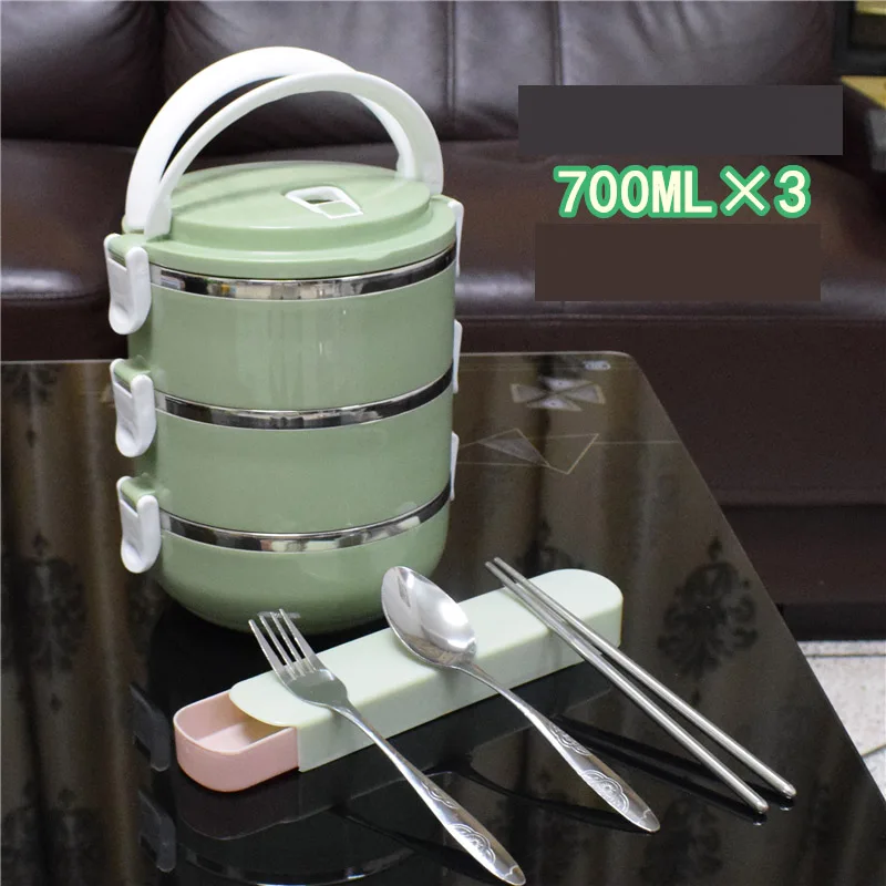 Green 3 Layer Японский стиль Ланчбокс термо нержавеющая сталь пластик круглый взрослых леди детское питание контейнер Многофункциональная портативная коробка для бенто набор - Color: Green 3 Layer