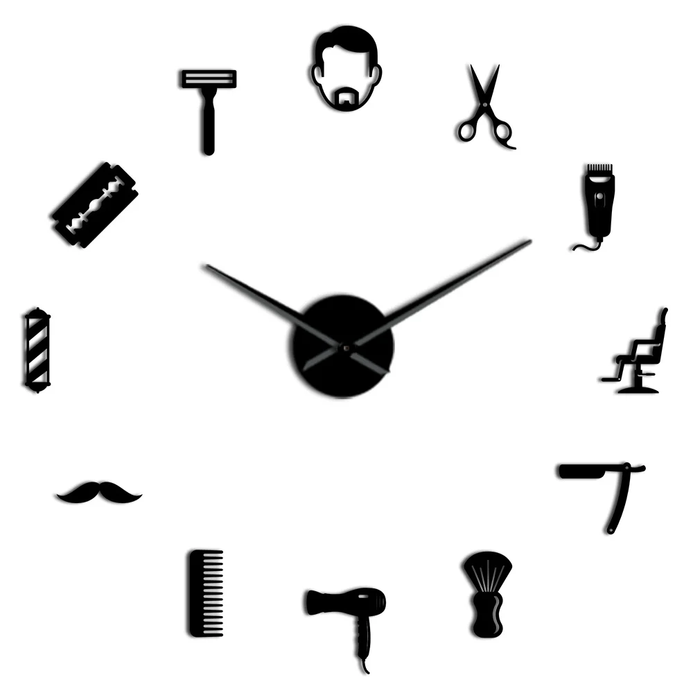 Black Framless Male Barber Shop Acrylic Simple 3D DIY Wall Clocks Hair Stylist Hair Salon Decor Quiet Sweep Mirror Effect Clock Watch - Цвет: Black