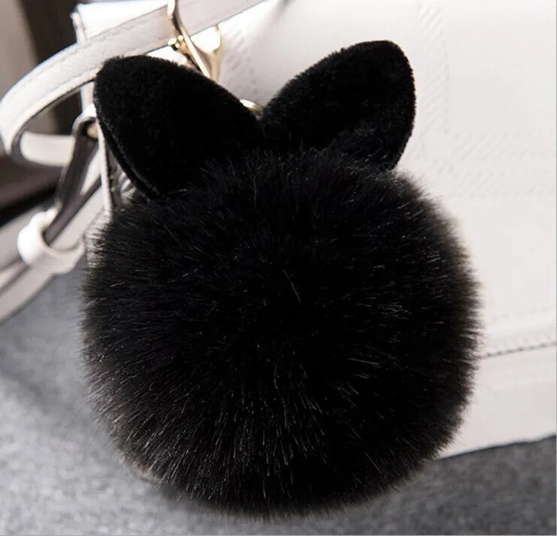 Пушистый помпон Porte Clef Pompom De Fourrure для женщин, брелок с помпонами, меховыми ушками кролика - Цвет: Black