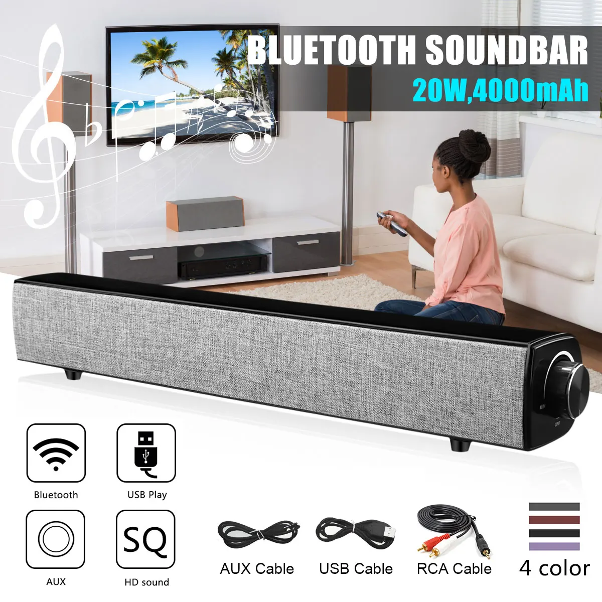 20 Вт bluetooth динамик 4000 мАч беспроводной бас Саундбар большой мощности HiFi сабвуфер домашний кинотеатр громкий динамик с микрофоном USB AUX RCA для ПК