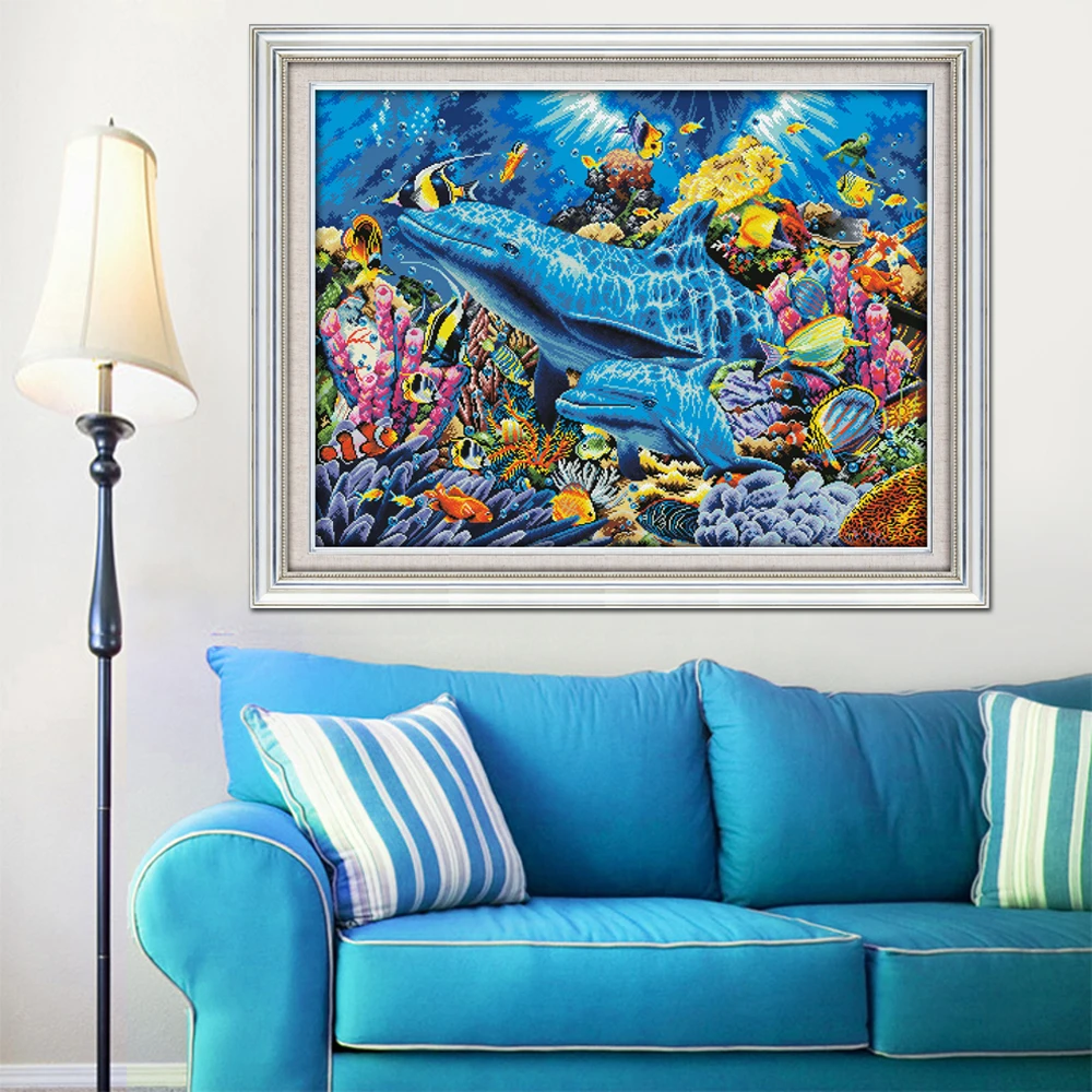 

oneroom D952 14CT 11CT Counted and Stamped Home Decoration Dolphins In The Ocean Cross Stitch Kits