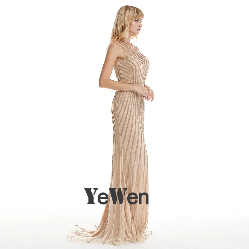 Золотые вечерние платья с лямкой на шее из тюля YeWen со стразами 2020 официальное