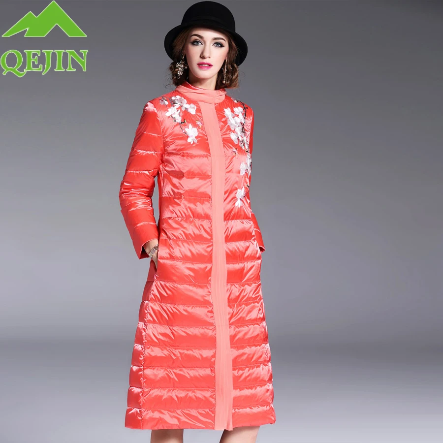 

qejins down jackets winter coats flower Embroidery parkas thicken Female Warm X-long clothes stand collar spliced silk