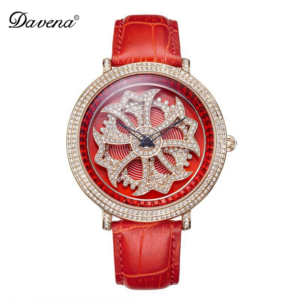 

Ladies Luxury Bling Rhinestone Genuine Leather Rotate Flower Watches Women Quartz Wristwatch Girls Top Quality Gift Female Time