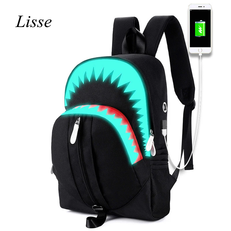 Мода акула рюкзак Для мужчин для ноутбука USB зарядка ночного освещения сумки