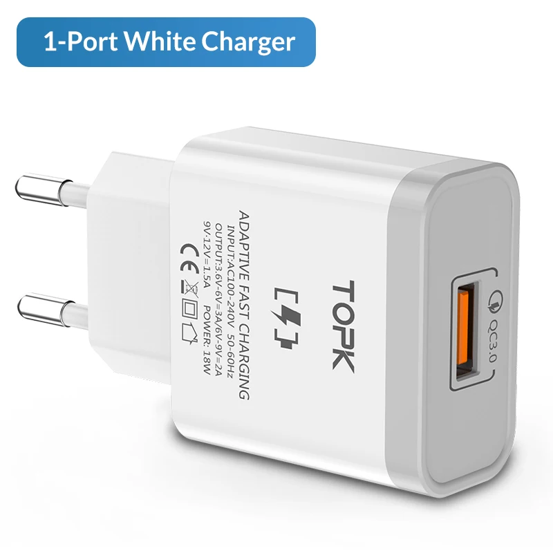 1 Port 3A White TOPK 18 Вт Быстрая зарядка 3,0 быстрое USB зарядное устройство для iPhone, Samsung, Xiaomi, huawei, дорожное настенное зарядное устройство для мобильного телефона с европейской вилкой - Тип штекера: 1 Port 3A White