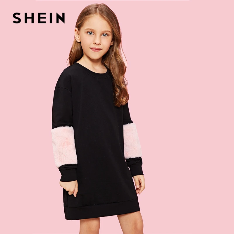 SHEIN/черный свитер с искусственным мехом для девочек; Повседневное платье; Детские платья; коллекция года; сезон весна; корейское платье с длинными рукавами и цветными блоками для девочек