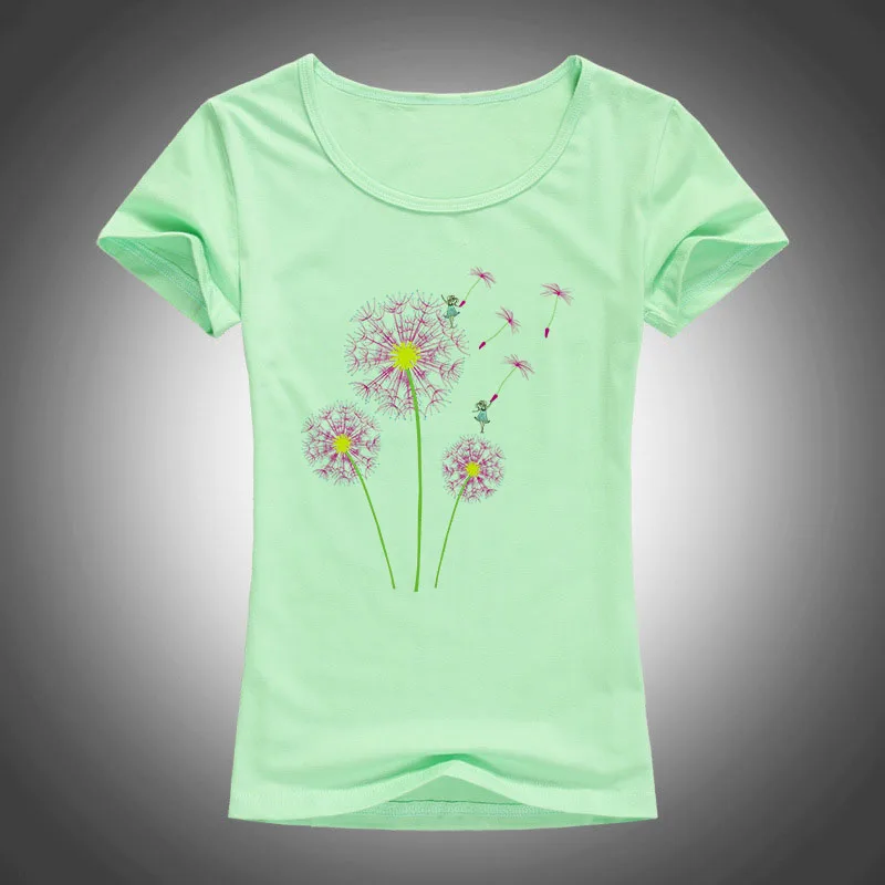 Футболка женская летняя из хлопка с принтом одуванчиков и коротким рукавом|cotton t
