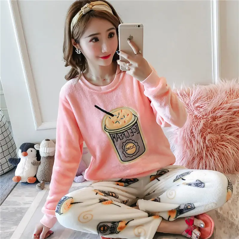 Style19 Милый пижамный комплект для женщин обувь с плюшевой подкладкой; пикантные осенне-зимние толстые пижамы Фланелевые домашние тапочки с мультяшными принтами на весну студент, в комплекте 2 вещи-шт./компл. Большие размеры - Цвет: Style19