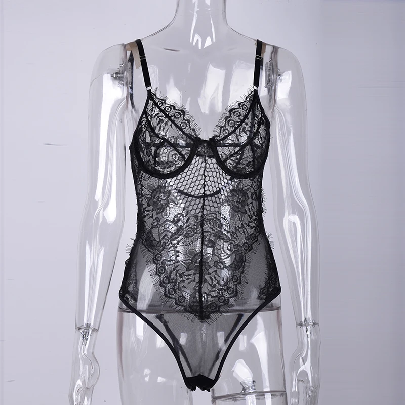 NewAsia Hollow Out Sexy Bodysuit Summer New Spaghetti Straps Underwired Floral Lace Bodysuit Neon Green Perspective Mesh Rompers