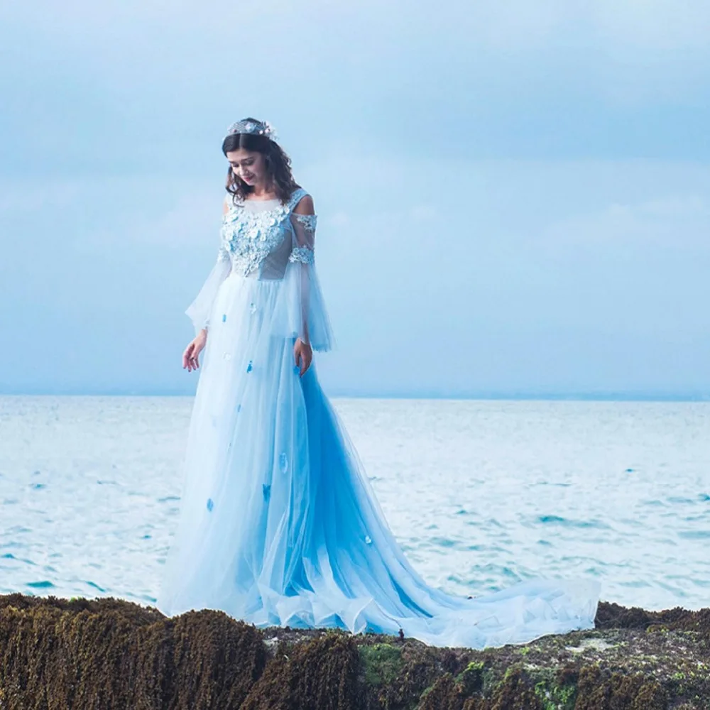 Высокое качество 2019 красивое синее свадебное платье с аппликацией Vestido de Noiva es