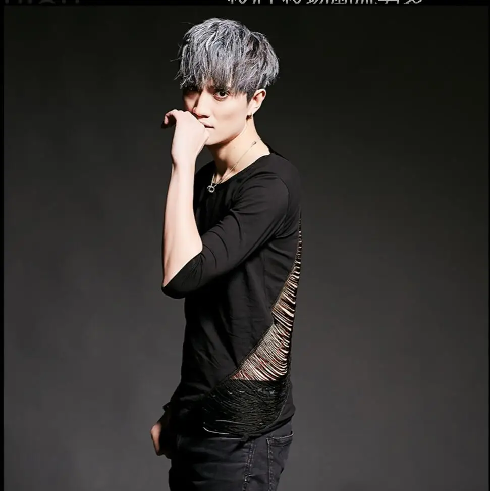 Hot New Fashion Hollow Short-sleeved T-shirt For Men's Tide Hairstylist Personality Nightclub Ds Dj Tops Singer Stage Costumes | Мужская