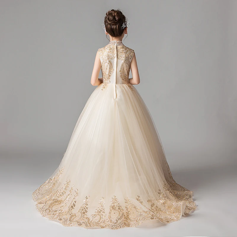 Sequin Gold Lace Girl Dress Princess Formal Gown Long Trailing Flower Pageant Party Wedding First Communion Dresses | Детская одежда и
